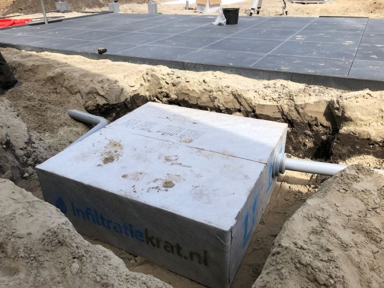 Op meerdere locaties in de tuin zijn infiltratiekratten geplaatst, zodat de omliggende beplanting er zoveel mogelijk profijt van heeft. Op meerdere locaties in de tuin zijn infiltratiekratten geplaatst, zodat de omliggende beplanting er zoveel mogelijk profijt van heeft.