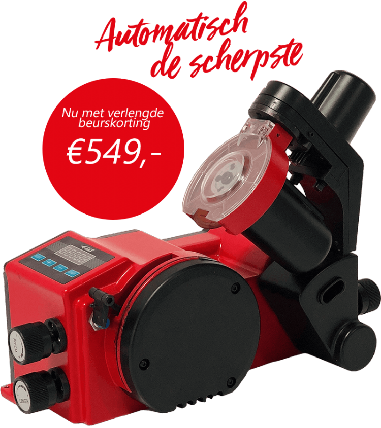 Een ander product dat we laten zien, is de automatische kettingzaagslijper Een ander product dat we laten zien, is de automatische kettingzaagslijper