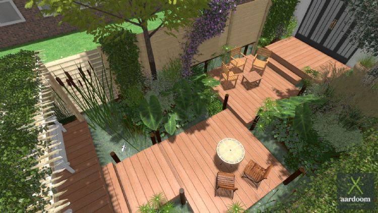 Als de tuin vol is met water gaan de paden en terrassen drijven Als de tuin vol is met water gaan de paden en terrassen drijven