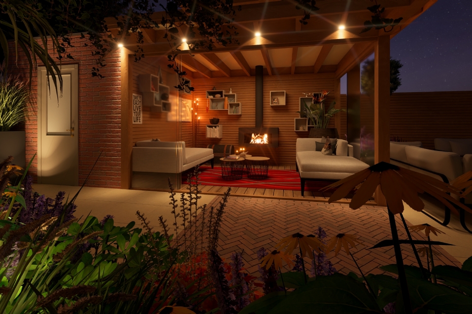 3D weergave van een tuinontwerp met verlichting 3D weergave van een tuinontwerp met verlichting