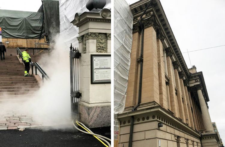 De Nationale Bibliotheek Finland tijdens (links) en na (rechts) reiniging met SteamPLUS De Nationale Bibliotheek Finland tijdens (links) en na (rechts) reiniging met SteamPLUS