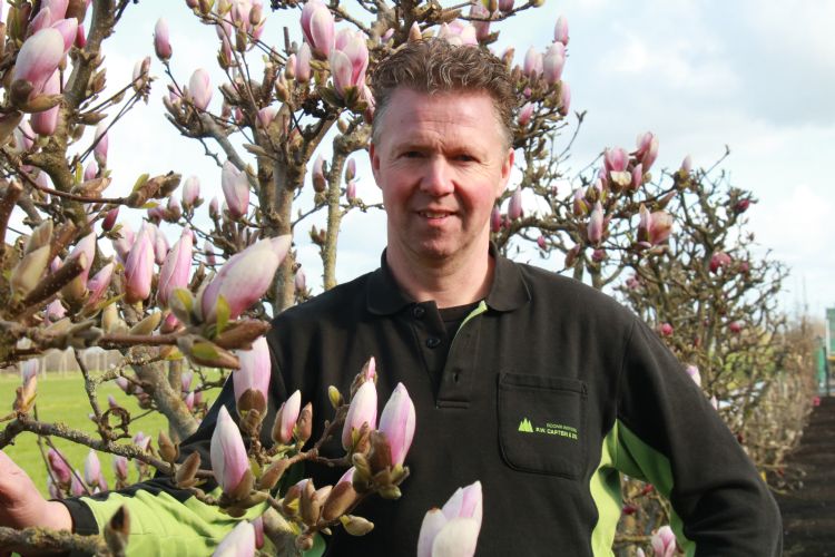Tonco Captein. Naast zijn bedrijf staan moerplanten van een aantal van zijn mooie magnolia's. (Foto: Marleen Arkesteijn)