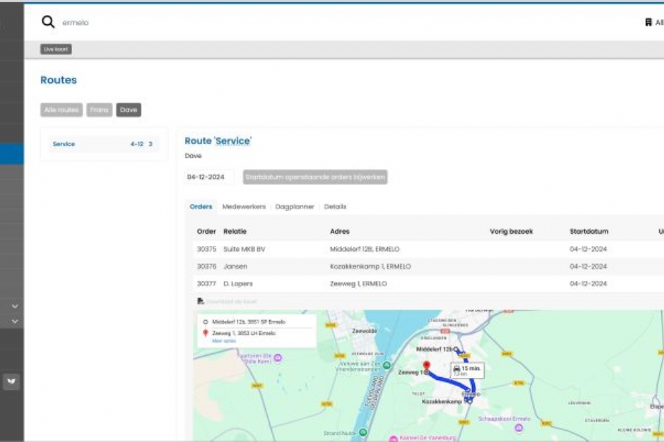 Het systeem biedt ook een visueel overzicht dankzij een geïntegreerde Google Maps-kaart waarop routes en volgorde van uitvoer direct zichtbaar zijn.